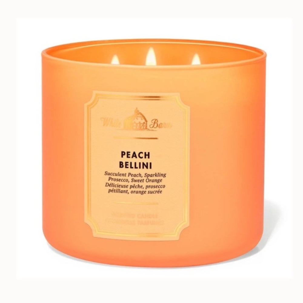 NWT Bath & Body White Barn 3-Wick Candle peach Bellini summer fruity 14.5oz